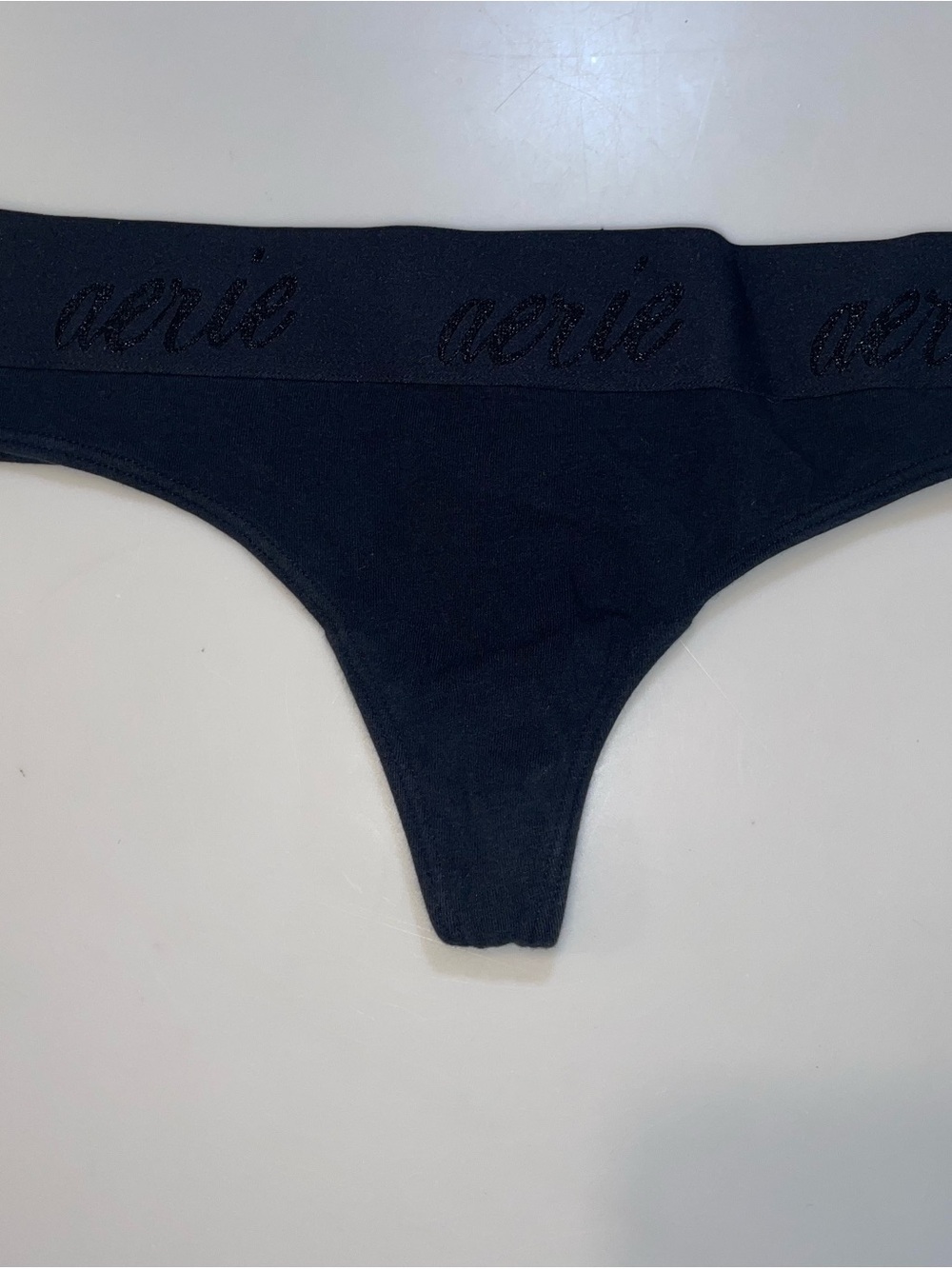 aerie Black Logo-Trim Thong